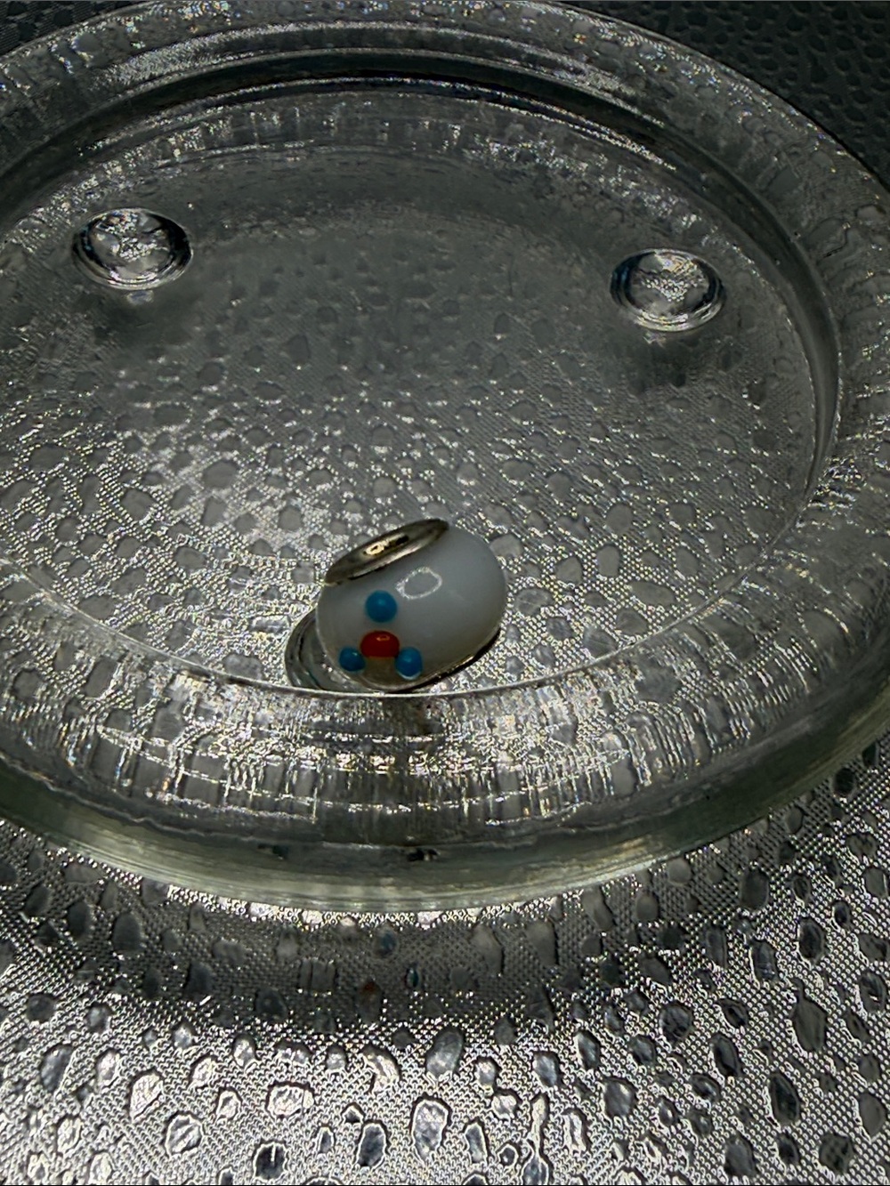 Pandora White Glass Charm with Blue and Red Dot Accents